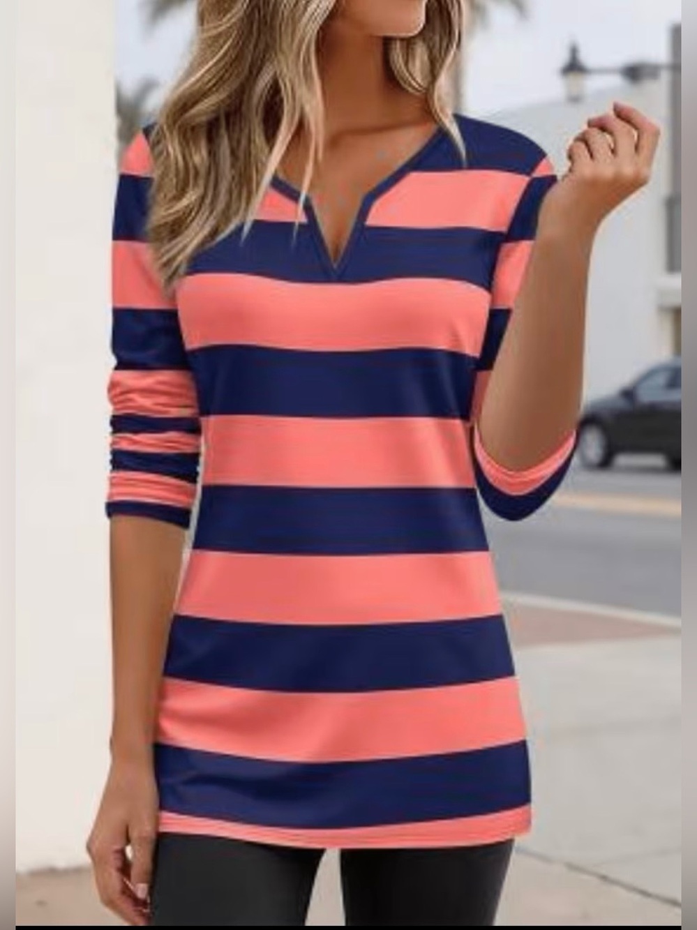 Women’s Striped Navy and Pink V‑Neck Long Sleeve Top Size M